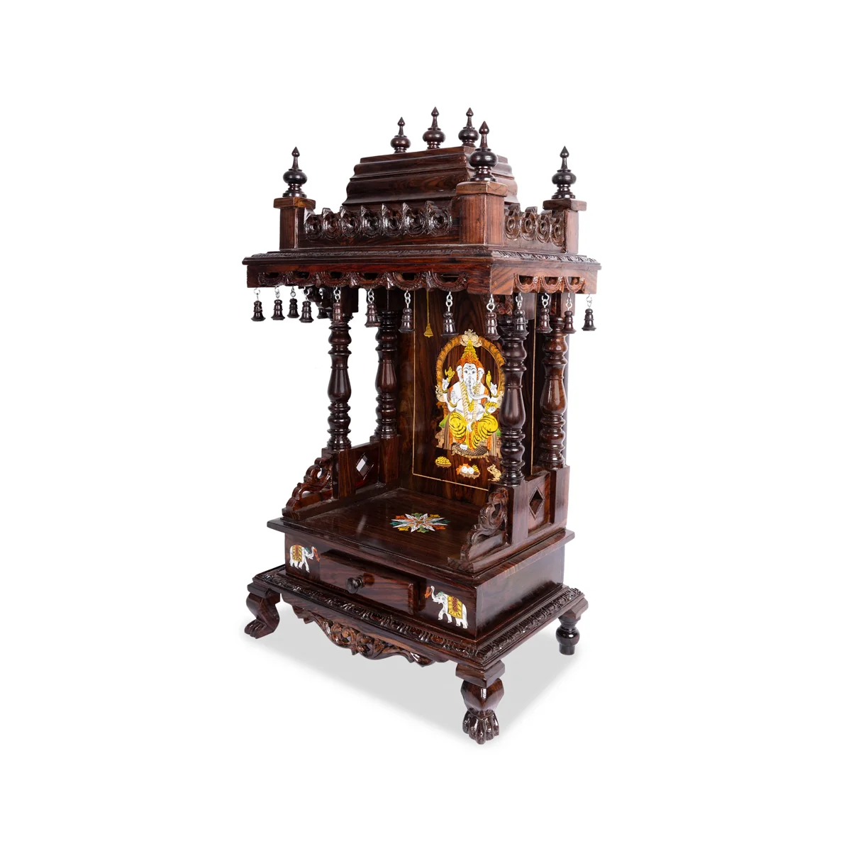 Open Rosewood Pooja Mandir With Base - 10 X 15 Inches | Inlaid And Carved Wooden Temple/ Puja Stand With Bell - Image 5
