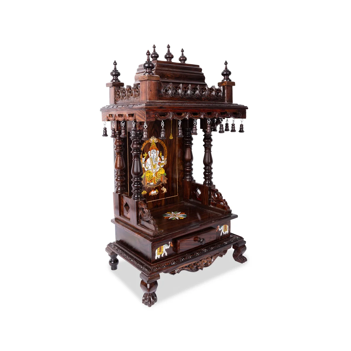 Open Rosewood Pooja Mandir With Base - 10 X 15 Inches | Inlaid And Carved Wooden Temple/ Puja Stand With Bell - Image 6