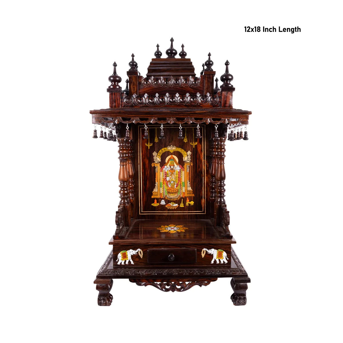 Open Rosewood Pooja Mandir With Base - 12 X 18 Inches | Inlaid And Carved Wooden Temple/ Puja Stand With Bell - Image 2
