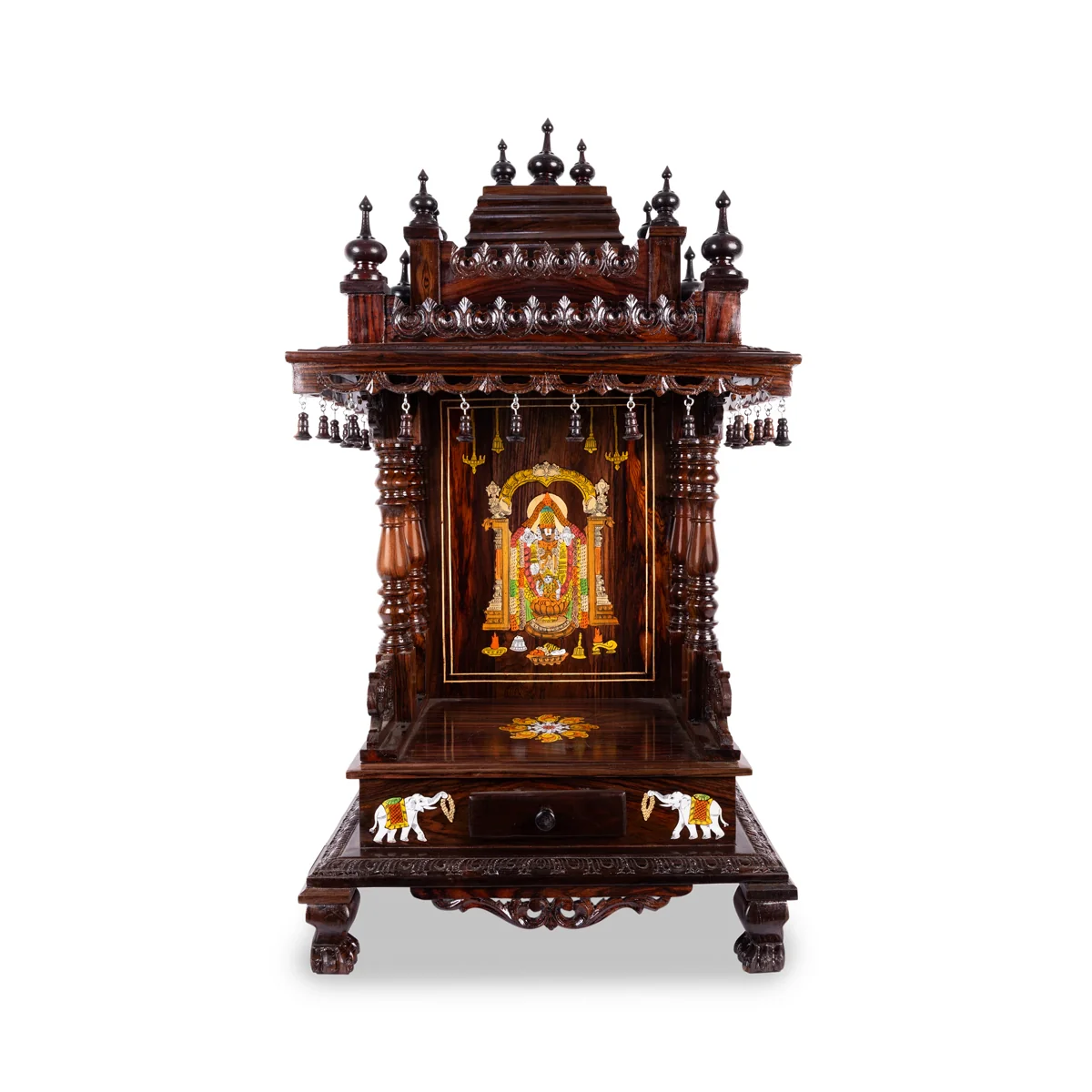 Open Rosewood Pooja Mandir With Base - 12 X 18 Inches | Inlaid And Carved Wooden Temple/ Puja Stand With Bell - Image 3