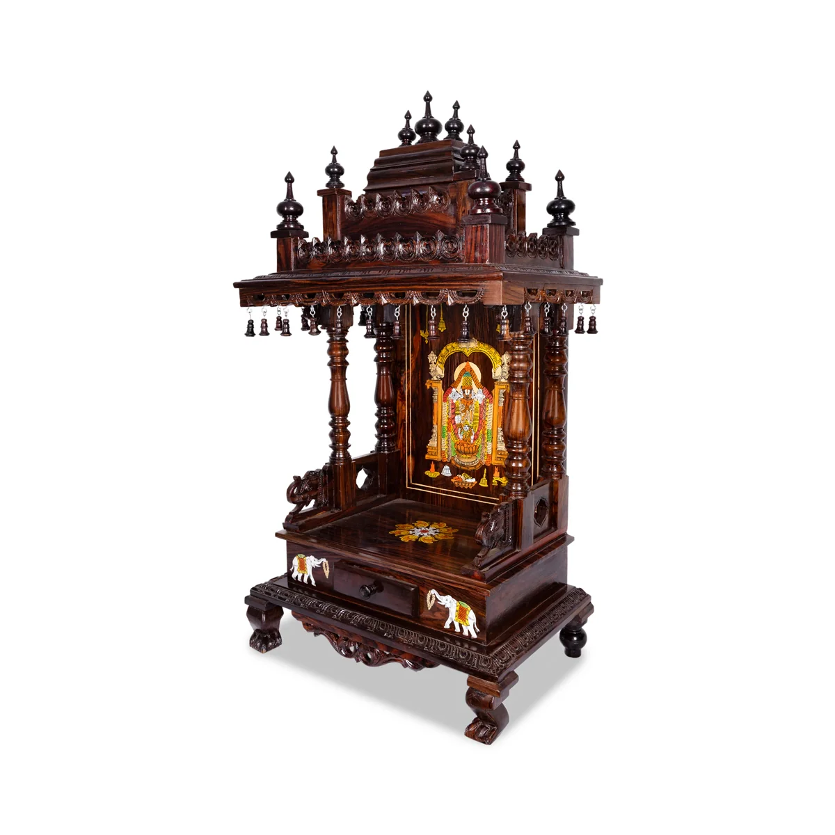 Open Rosewood Pooja Mandir With Base - 12 X 18 Inches | Inlaid And Carved Wooden Temple/ Puja Stand With Bell - Image 5