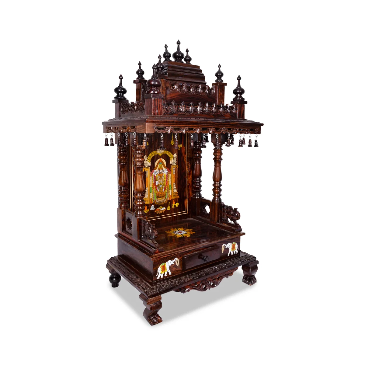 Open Rosewood Pooja Mandir With Base - 12 X 18 Inches | Inlaid And Carved Wooden Temple/ Puja Stand With Bell - Image 6