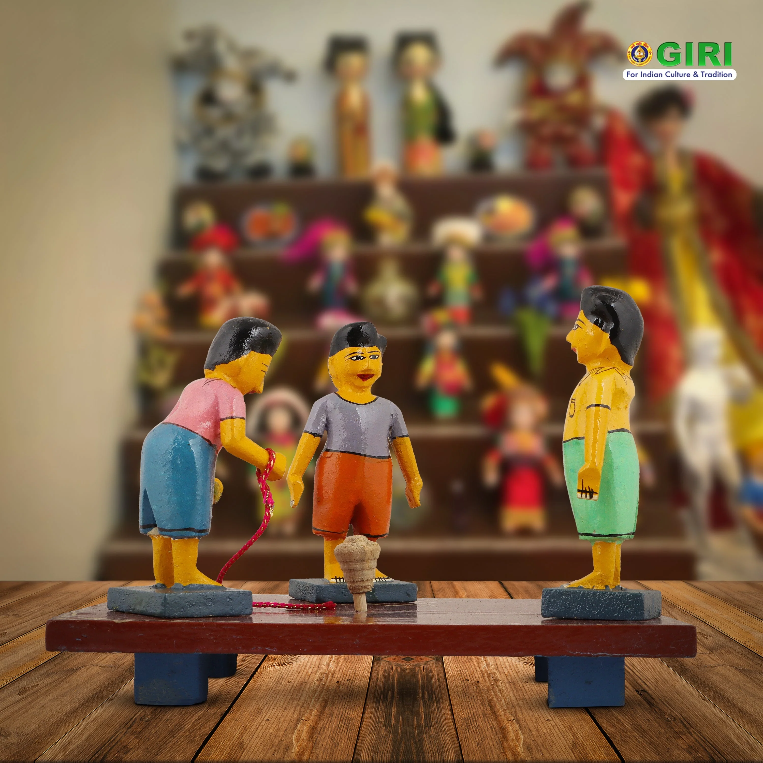Pambaram Vilaiyaduthal Set - 6 Inches | Wood Sculpture/ Golu Doll for Home Decor