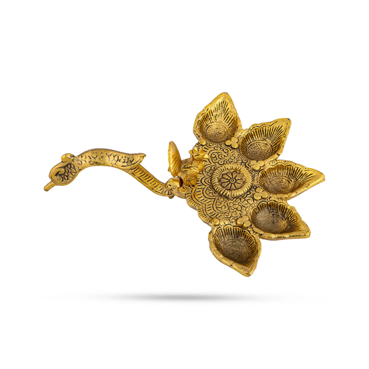 Panch Aarti Diya With Handle - 2.5 x 8 Inches | Gold Polish Panch Mukhi Diya/ Metal 5 Face Diya for Pooja - Image 2