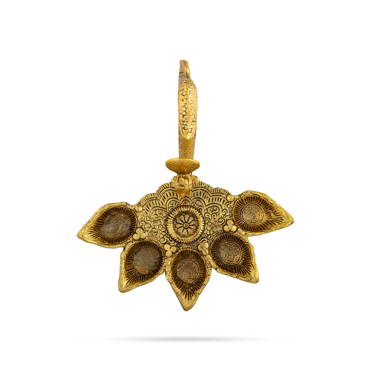Panch Aarti Diya With Handle - 2.5 x 8 Inches | Gold Polish Panch Mukhi Diya/ Metal 5 Face Diya for Pooja - Image 3