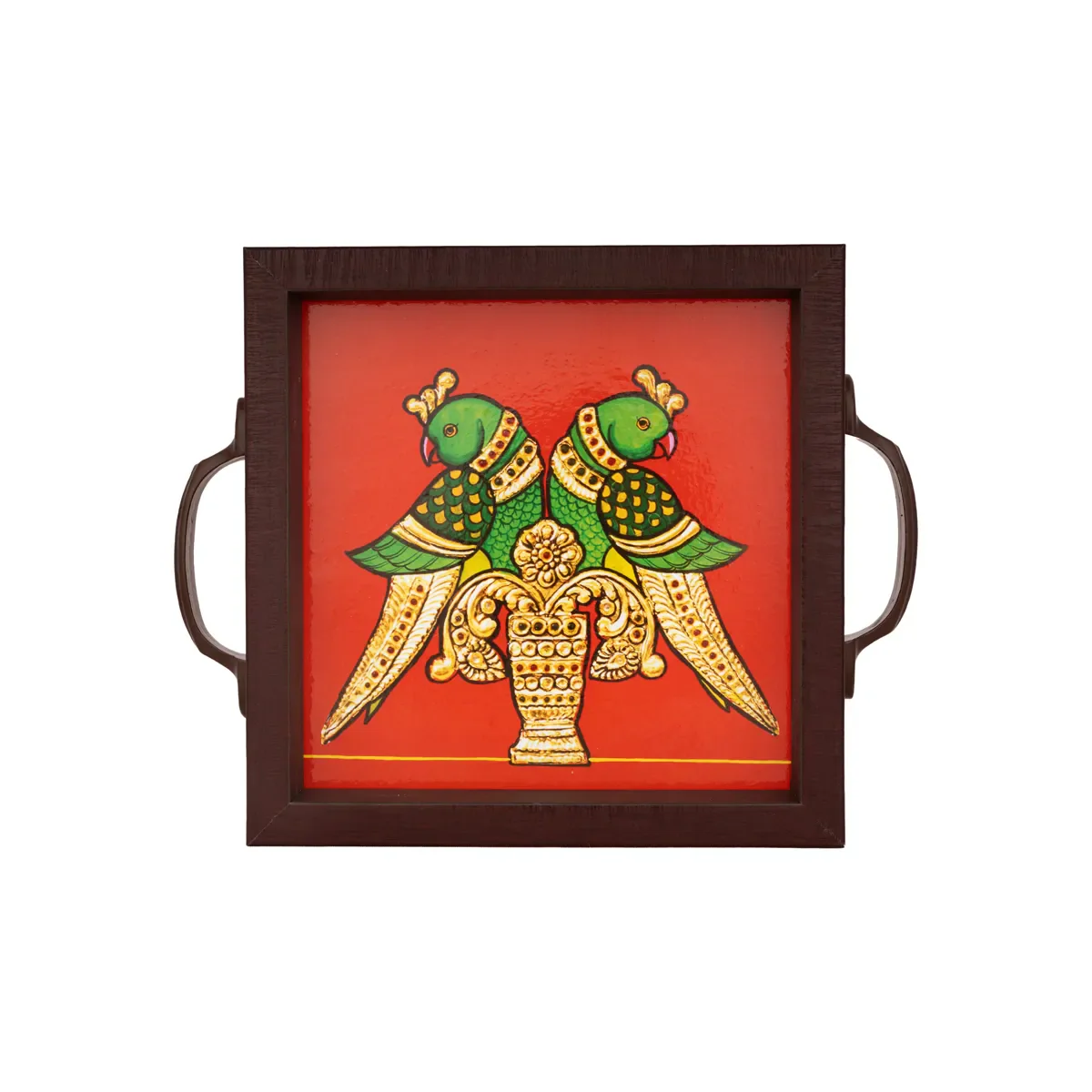 Parrot Tanjore Glass Painting Tray - 6 X 6 Inches | Thanjavur Decorative Plate/ Wooden Serving Tray For Home - Image 2