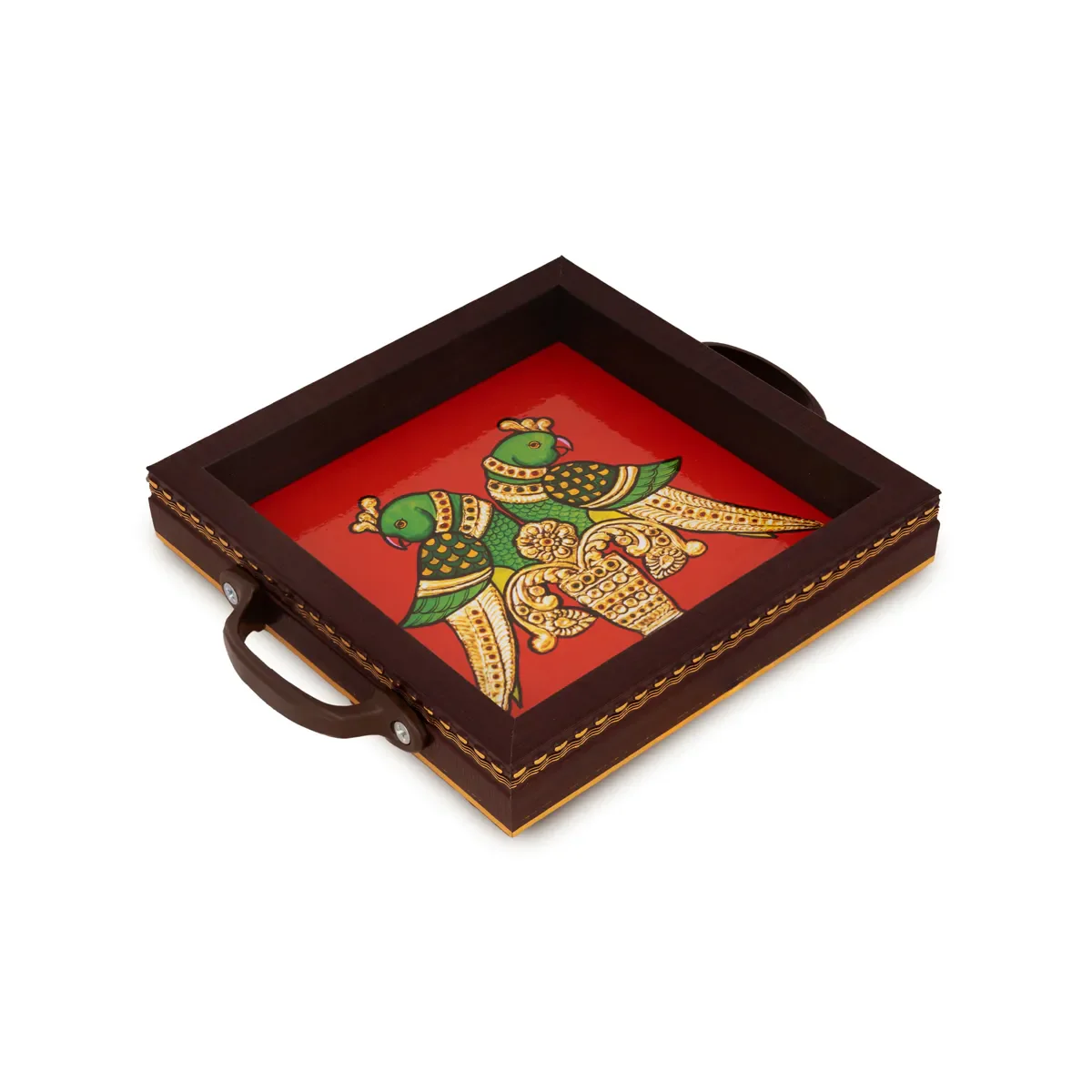 Parrot Tanjore Glass Painting Tray - 6 X 6 Inches | Thanjavur Decorative Plate/ Wooden Serving Tray For Home - Image 3