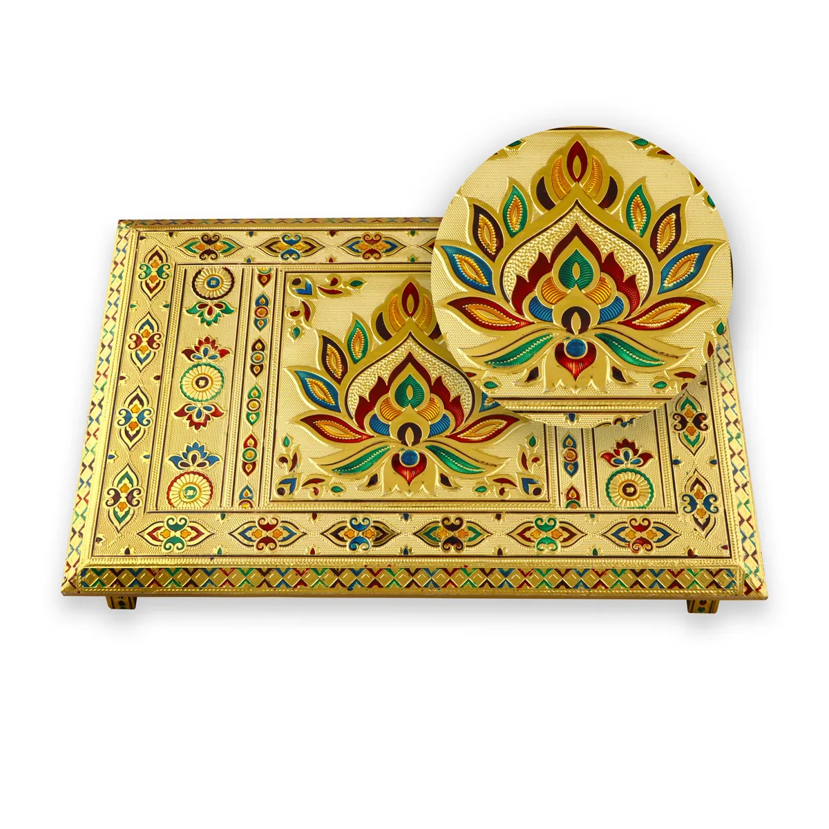 Patla - 2.5 x 17 x 15 Inches | Silver & Gold Finish Meenakari Patla/ Wooden Bajot for Pooja - Image 2