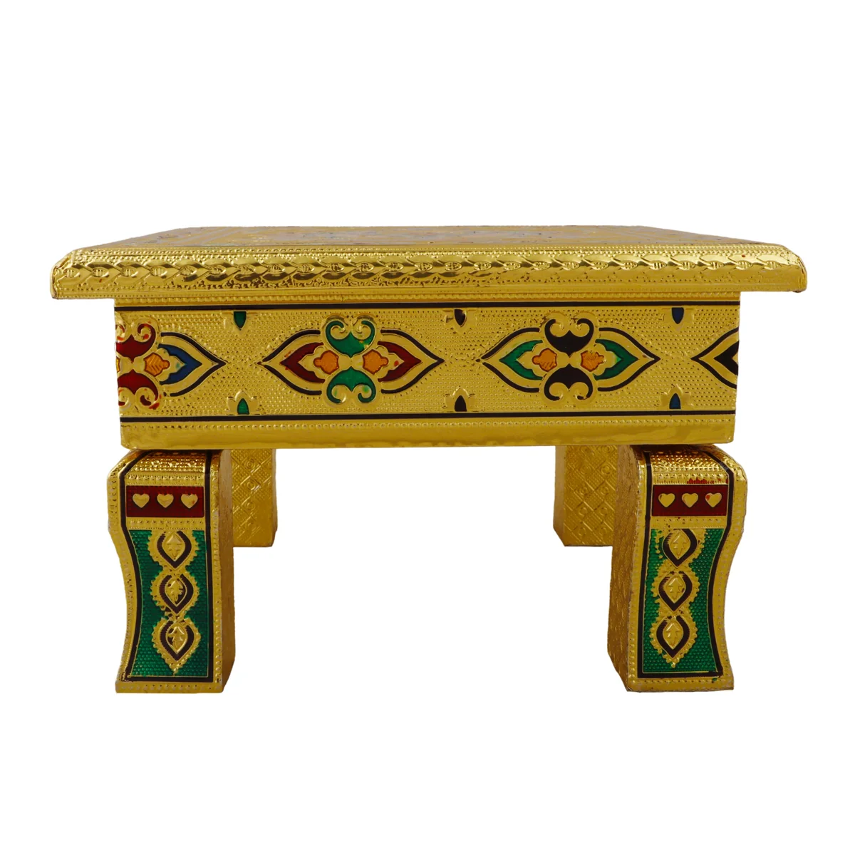 Patla - 4 x 8 Inches | Silver & Gold Finish Meenakari Patla/ Wood & Aluminium Bajot for Pooja - Image 3