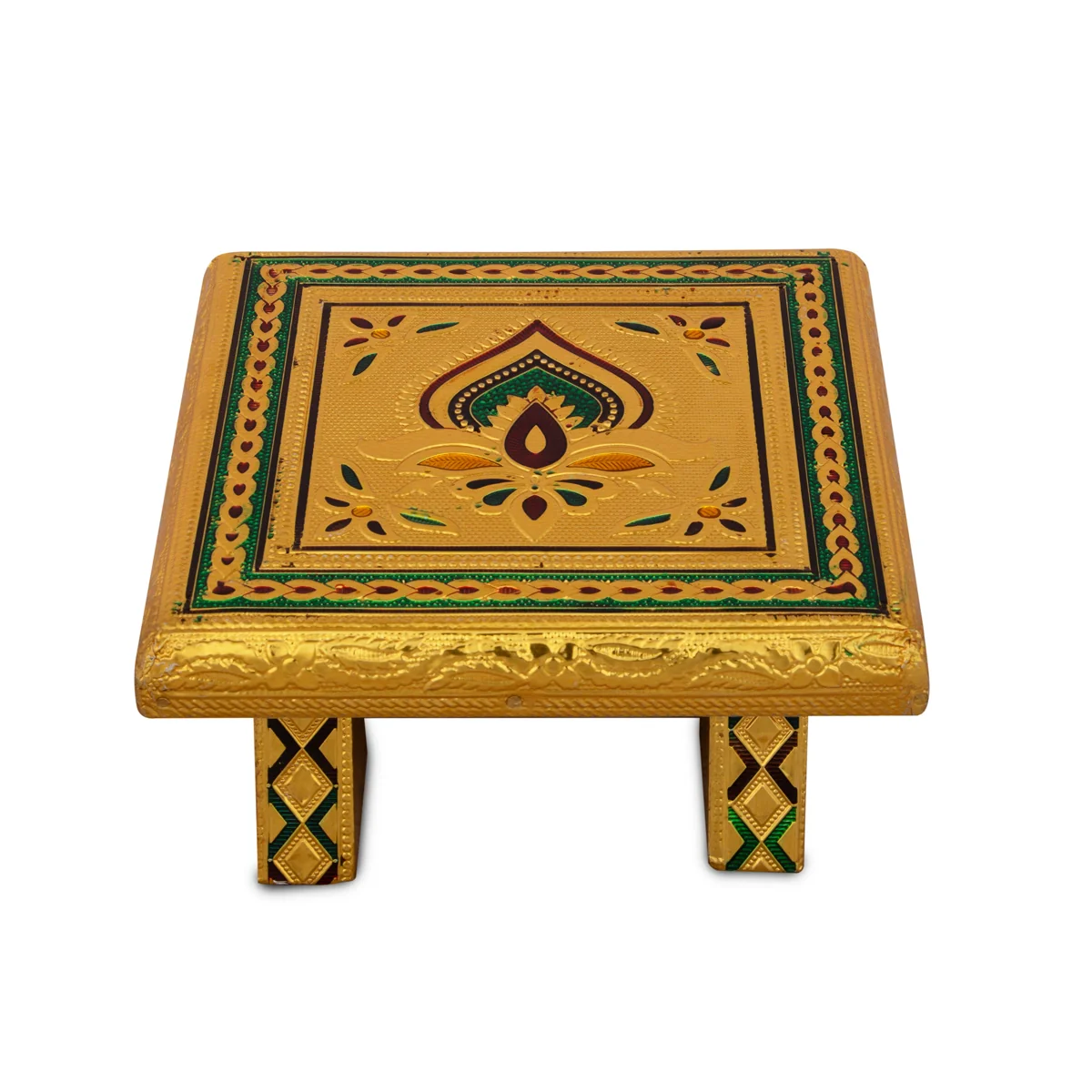 Patla - 6 x 6 Inches | Meenakari Design Chowki/ Golden Polish Manai Palagai/ Wooden Bajot for Pooja - Image 2