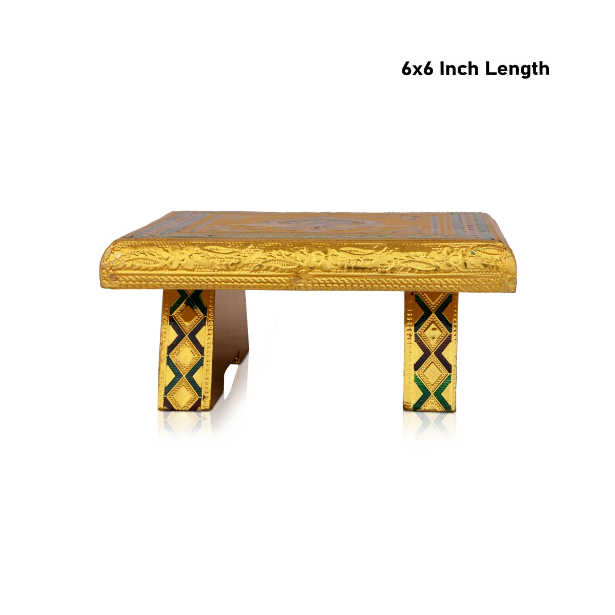 Patla - 6 x 6 Inches | Meenakari Design Chowki/ Golden Polish Manai Palagai/ Wooden Bajot for Pooja - Image 5