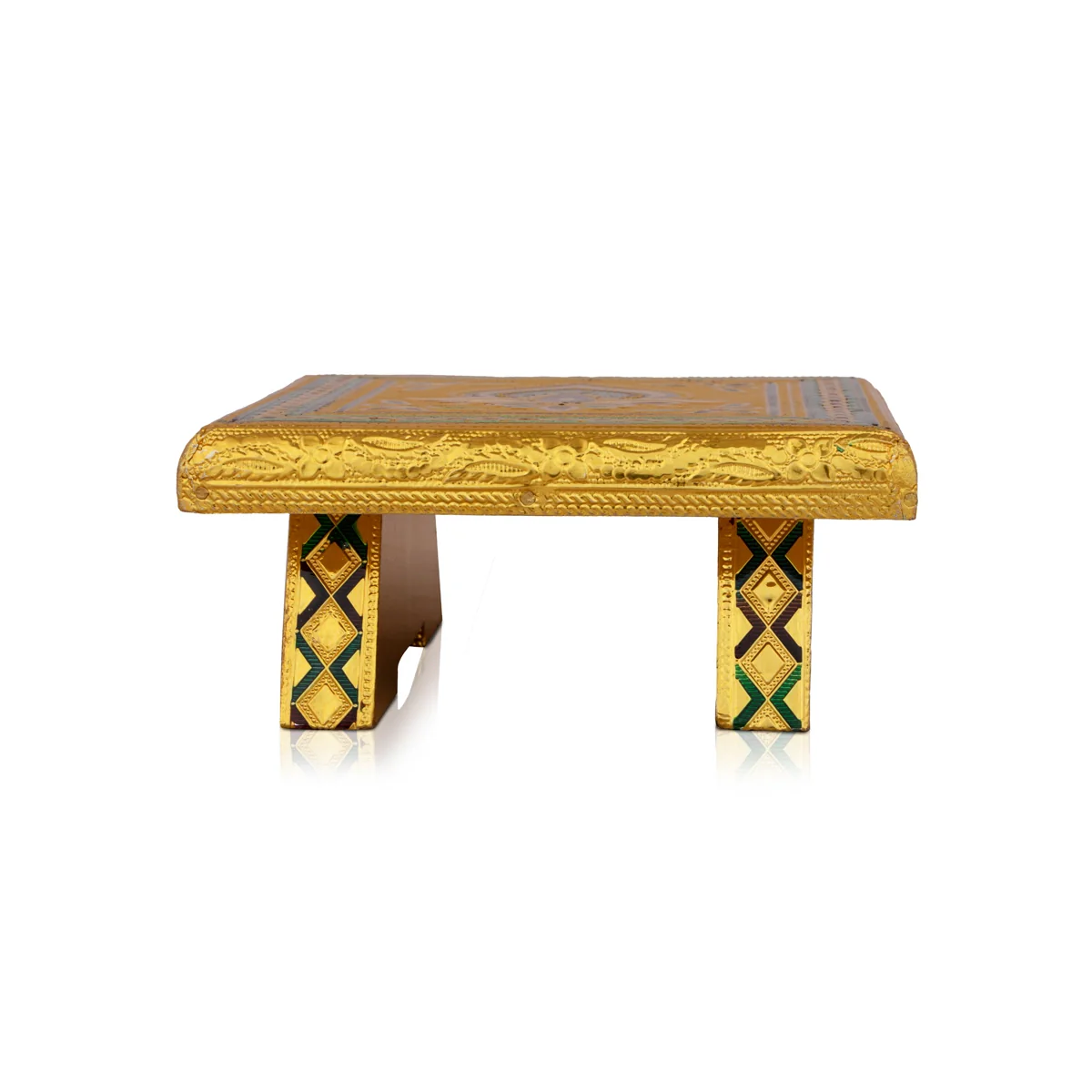Patla - 6 x 6 Inches | Meenakari Design Chowki/ Golden Polish Manai Palagai/ Wooden Bajot for Pooja - Image 6