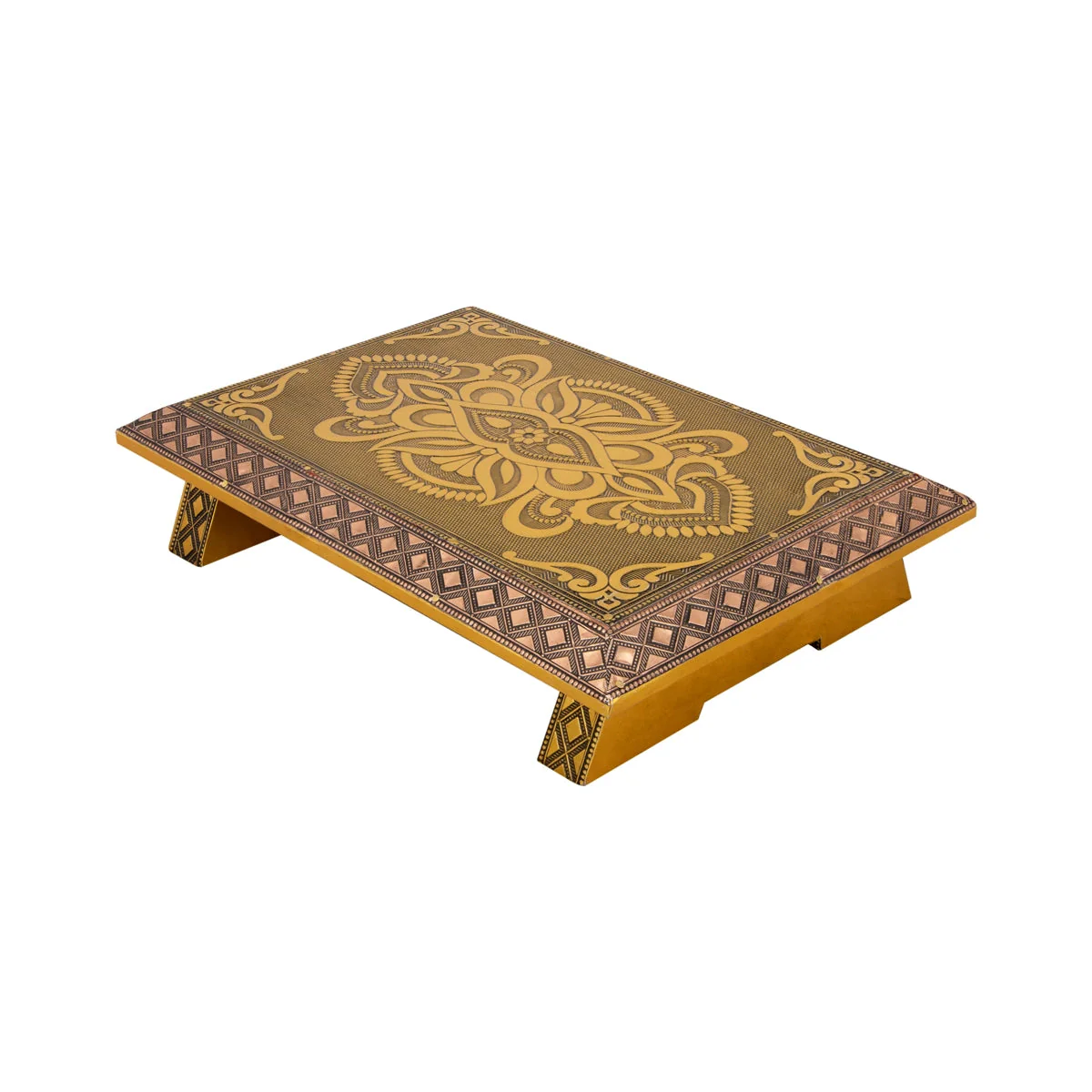 Patla - 7 X 10 Inches | Gold Polish Bajot/ Wooden Manai Palagai/ Chowki For Pooja And Deity Placement - Image 4