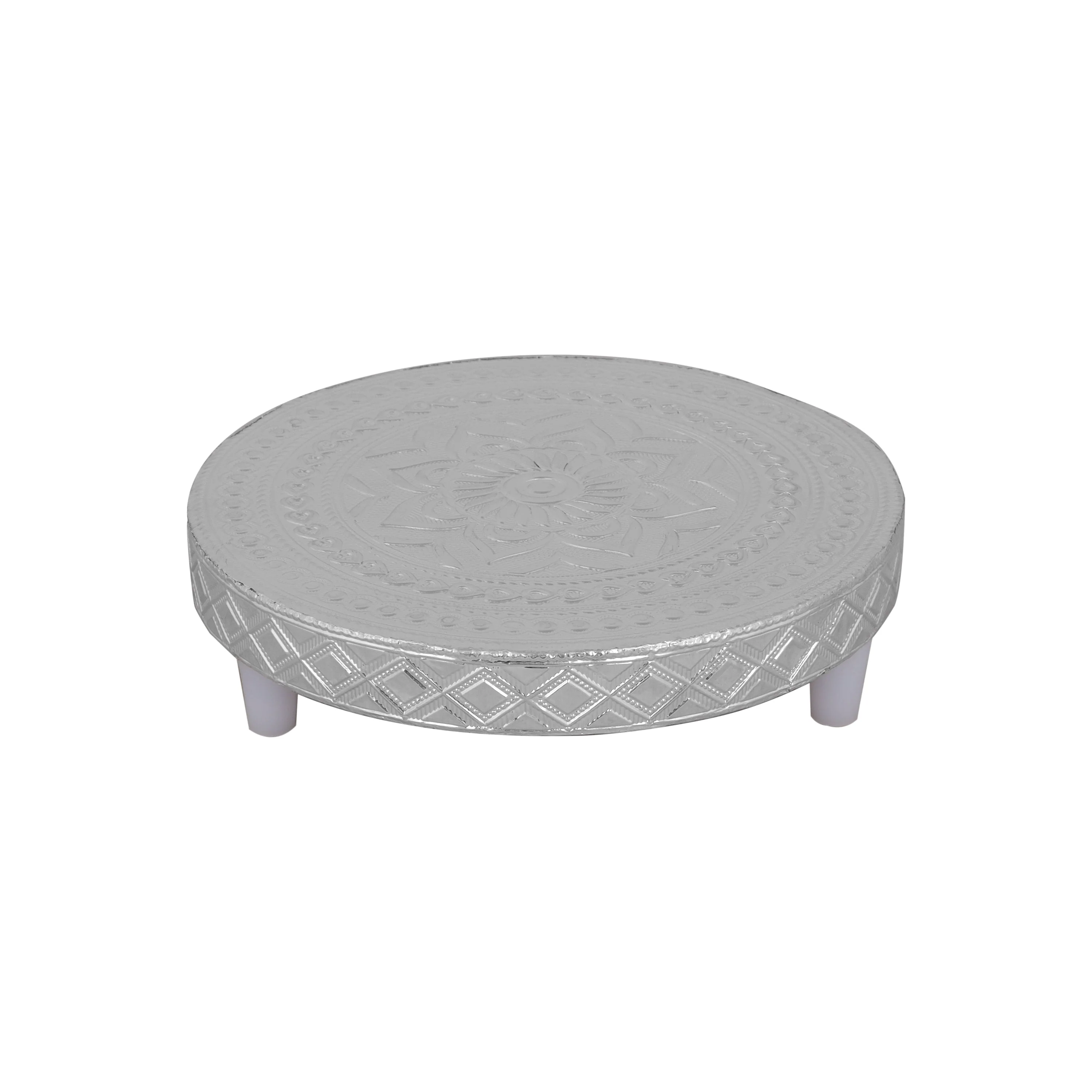 Patla Set - 1.5 x 5 Inches | 2 Pcs/ Round Silver Polish Chowki/ Manai Palagai for Pooja - Image 2