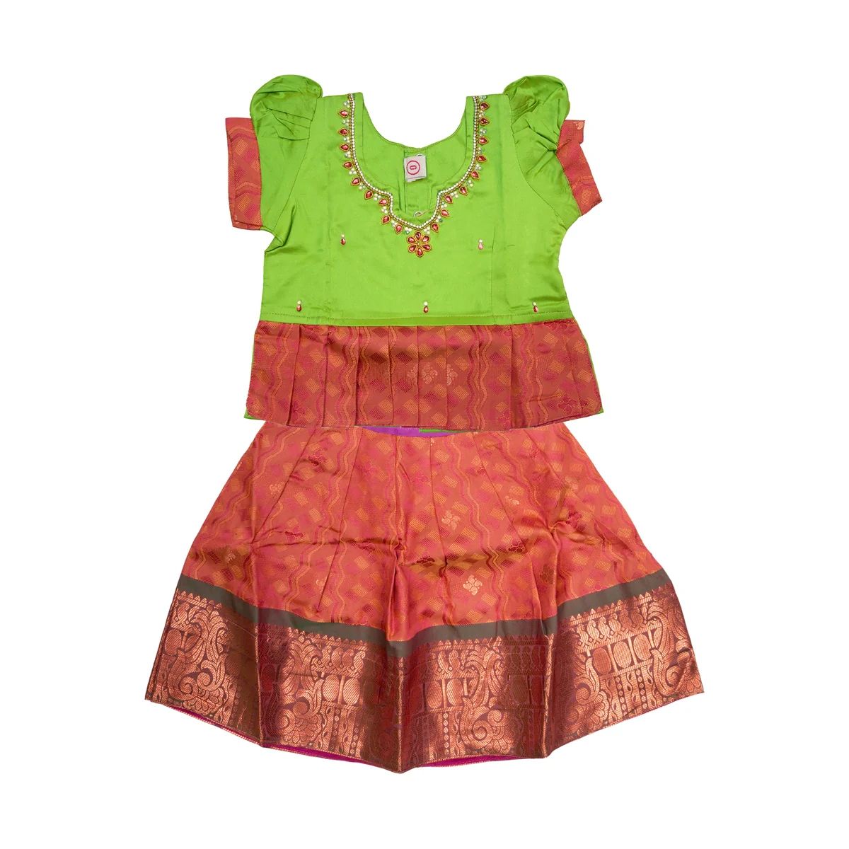 Pattu Pavadai Sattai Pair - Size 0 | Jacquard Skirt And Top/Traditional Dress For Baby Girls/ Assorted Colour - Image 2