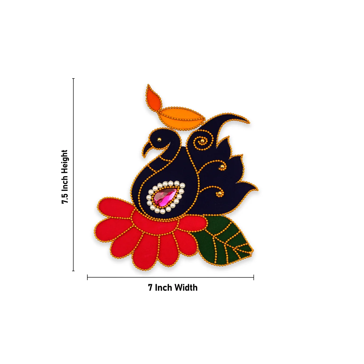 Peacock Design Rangoli - 7.5 x 7 Inches | Velvet Muggulu/ Artificial Rangoli for Pooja - Image 2