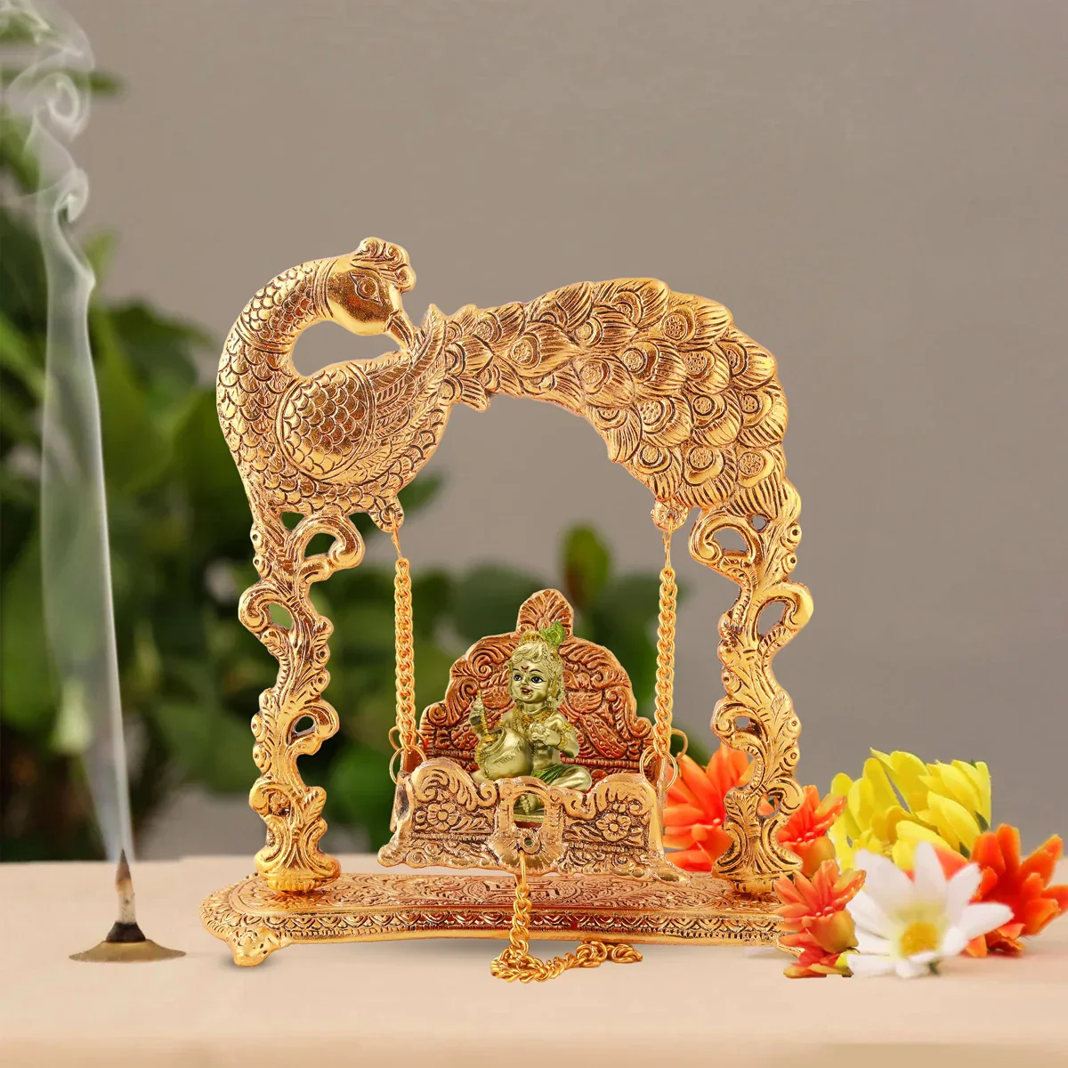 Peacock Jhula - 9 x 9 Inches | Laddu Gopal Jhula/ Aluminium Krishna Jhula for Deity/ 590 Gms Approx - Image 6
