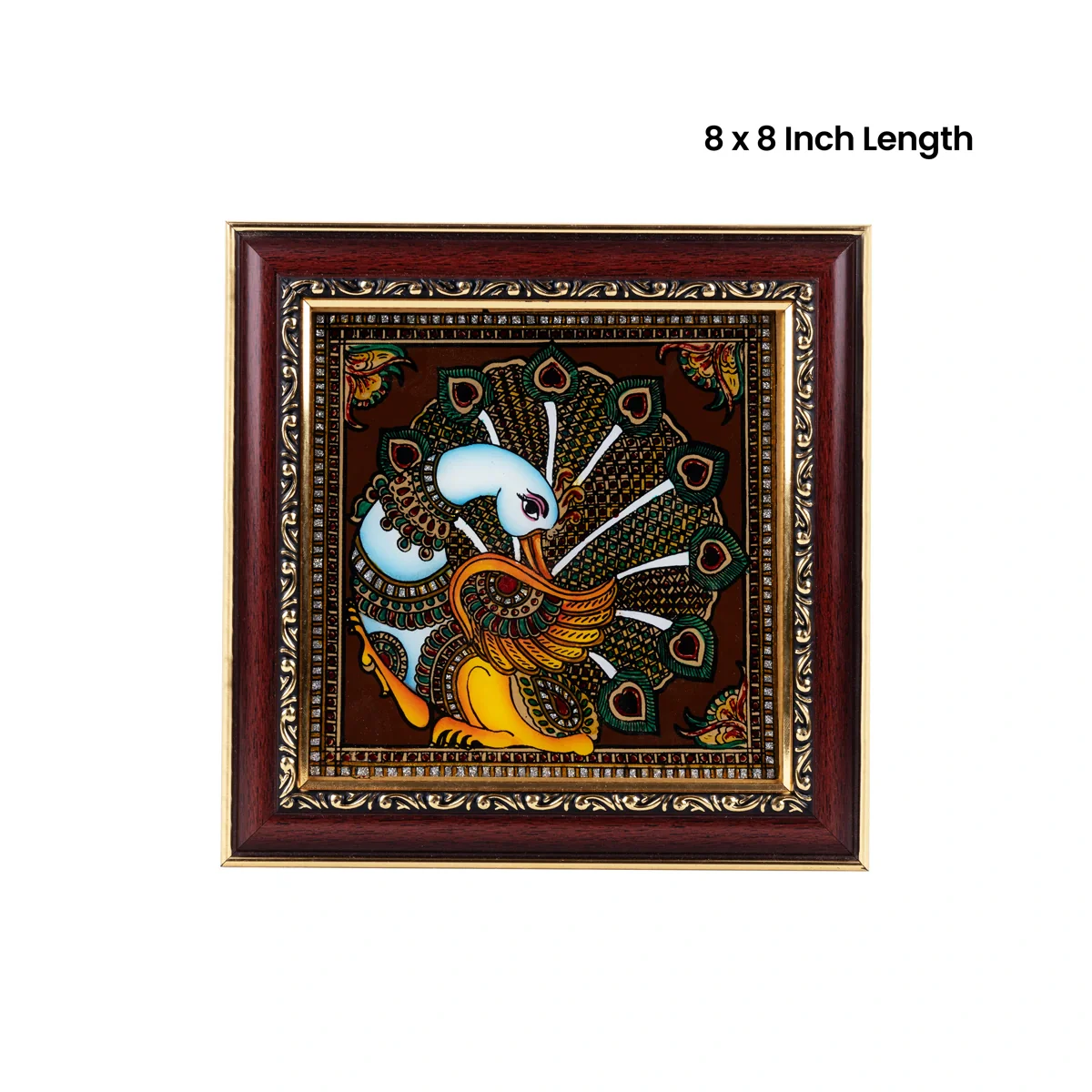 Peacock Design Thanjavur Glass Painting Photo Frame - 8 x 8 Inches | Tanjore Glass Painting Wall Decor