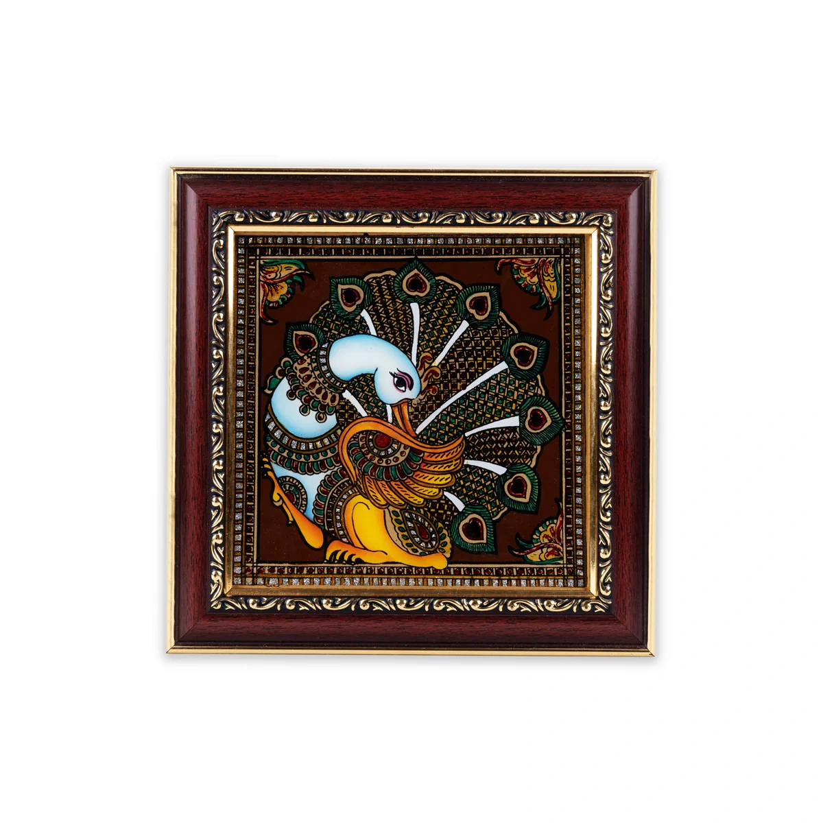 Peacock Design Thanjavur Glass Painting Photo Frame - 8 x 8 Inches | Tanjore Glass Painting Wall Decor - Image 2
