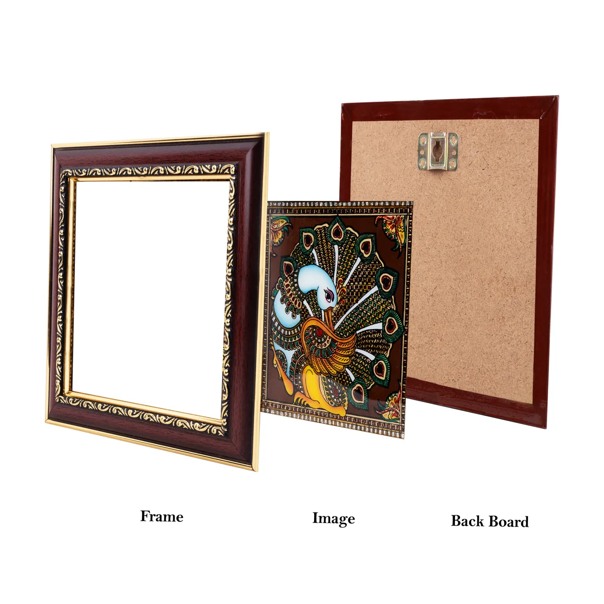 Peacock Design Thanjavur Glass Painting Photo Frame - 8 x 8 Inches | Tanjore Glass Painting Wall Decor - Image 3