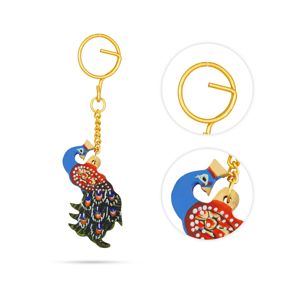 Peacock Statue Key Chain - 4.5 x 2.5 Inches | Wooden & Painted Peacock Sculpture Key Ring/ Key Holder for Bike - Image 3