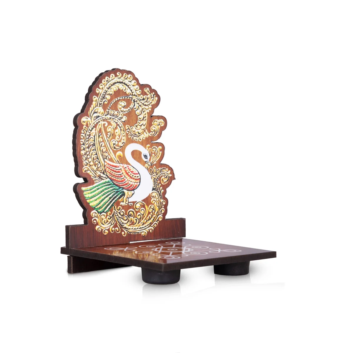 Peacock With Kolam Stand Pair - 4 x 3 Inches | Peacock With Diya Stand/ Peacock With Wooden Bajot for Home - Image 2