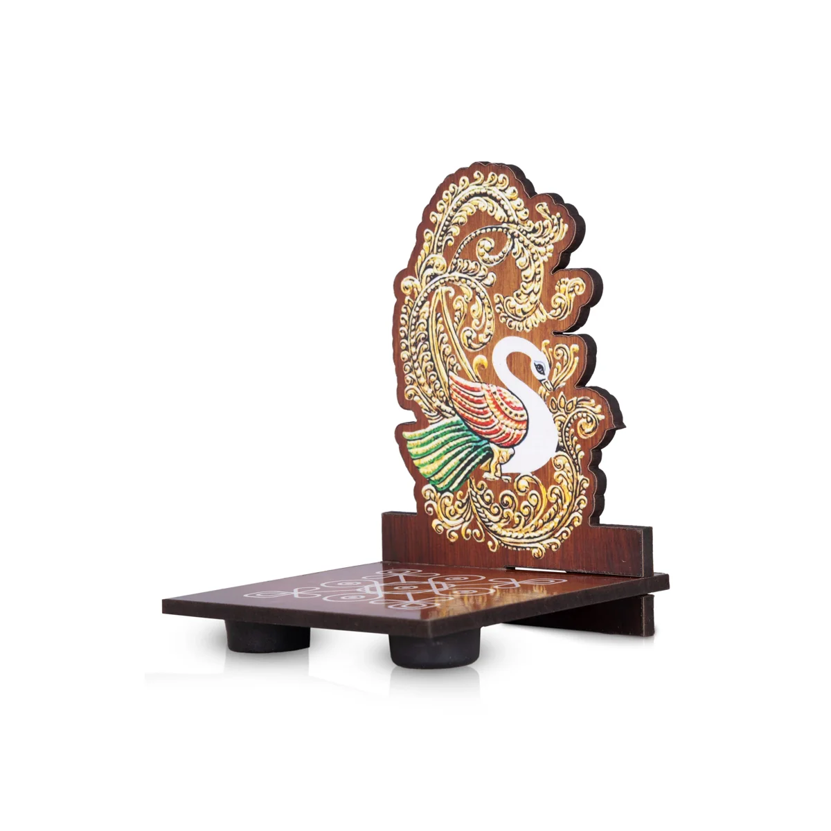 Peacock With Kolam Stand Pair - 4 x 3 Inches | Peacock With Diya Stand/ Peacock With Wooden Bajot for Home - Image 3