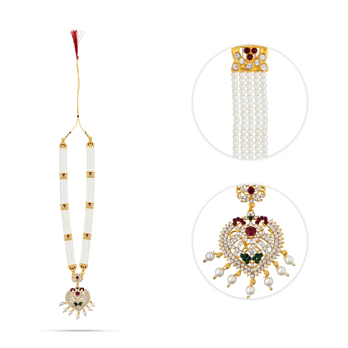 Pearl Necklace - 12 Inches | White Pearl Jewellery with Stone Pendant / Artificial Jewellery for Deity Decor - Image 3