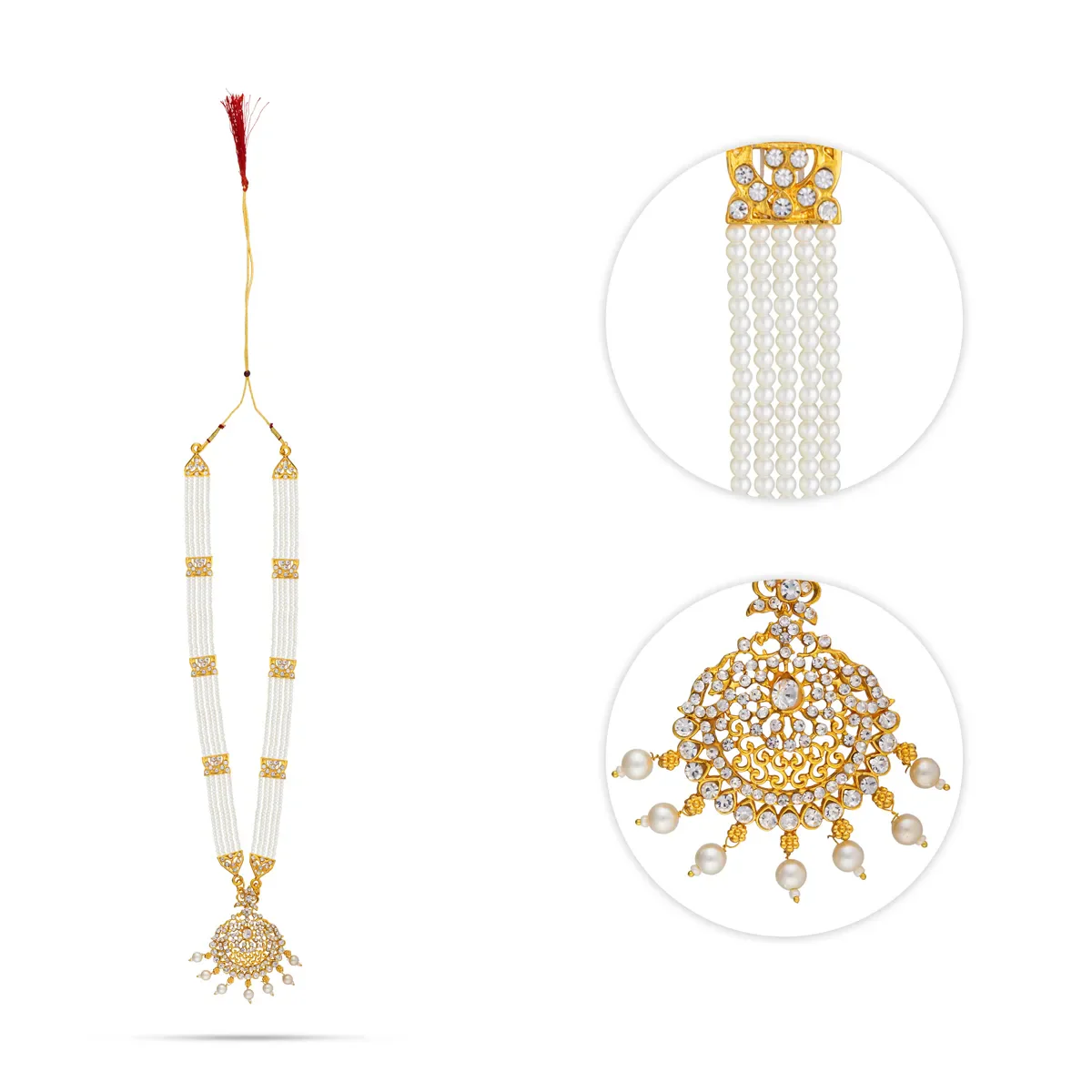 Pearl Necklace - 12 Inches | White Pearl Jewellery with Stone Pendant / Artificial Jewellery for Deity Decor - Image 5