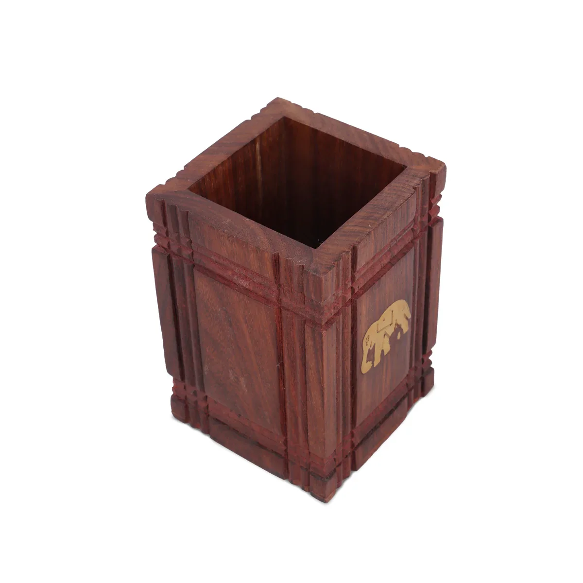 Pen Jar - 4 x 3 Inches | Elephant Inlaid Design Wooden Pen Stand/ Pen Holder - Image 3