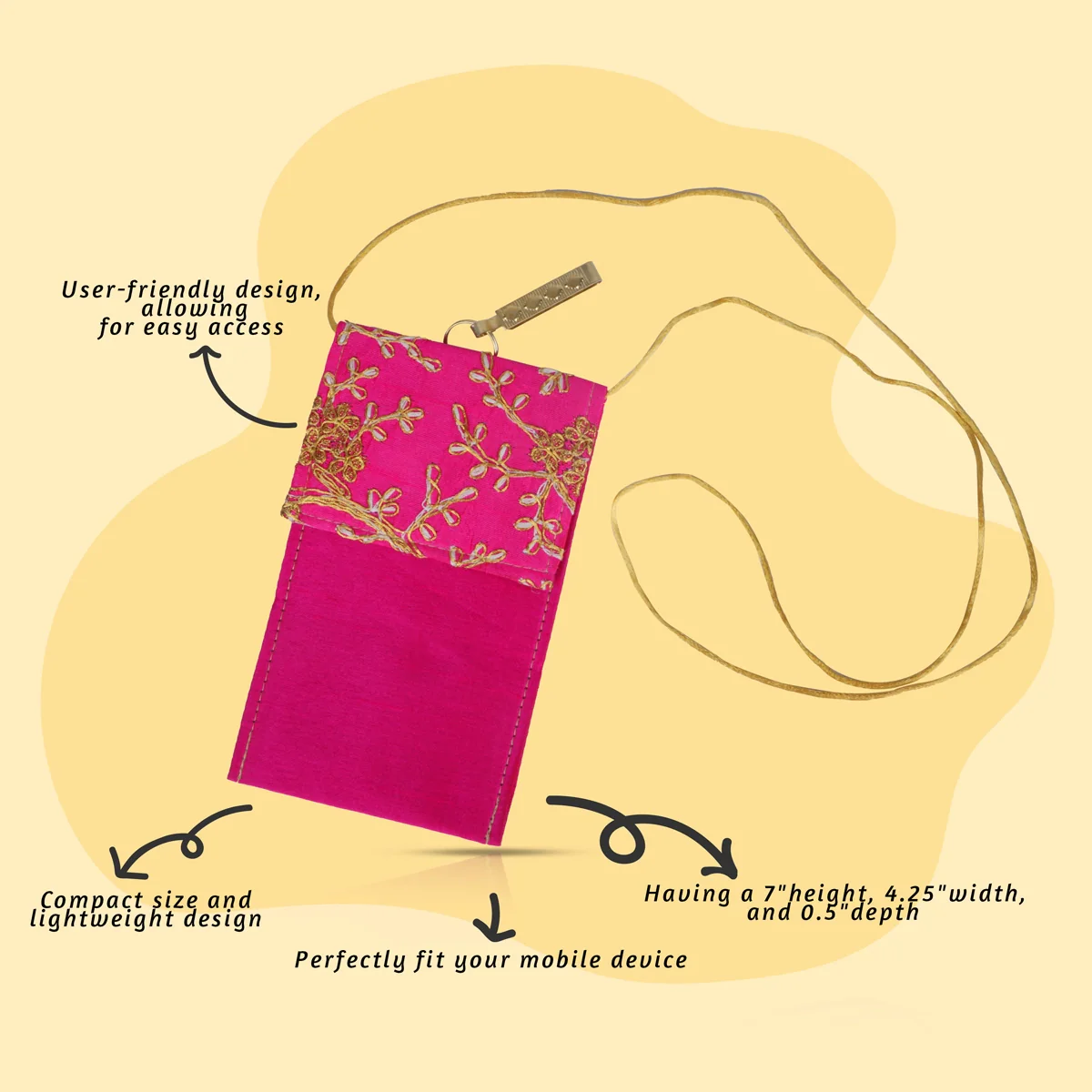 Phone Pouch - 7 x 4.25 Inches | Sling Purse/ Embroidery Sling Bag for Women - Image 2