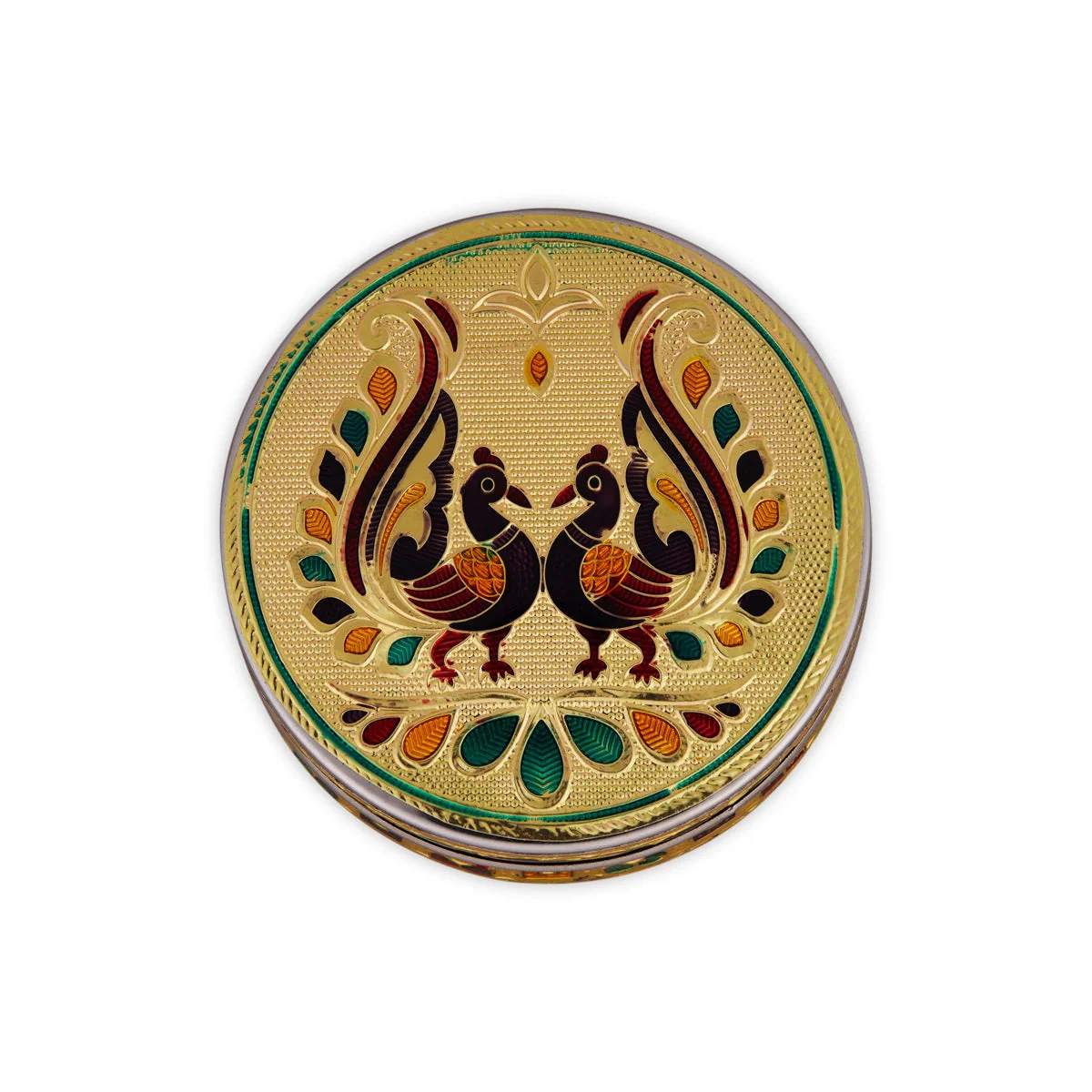 Pooja Box - 2.5 x 4 Inches | Stainless Steel Storage Box/ Gold Meenakari Design Jewellery Box for Pooja - Image 2