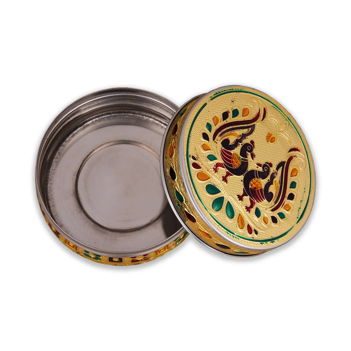 Pooja Box - 2.5 x 4 Inches | Stainless Steel Storage Box/ Gold Meenakari Design Jewellery Box for Pooja - Image 3