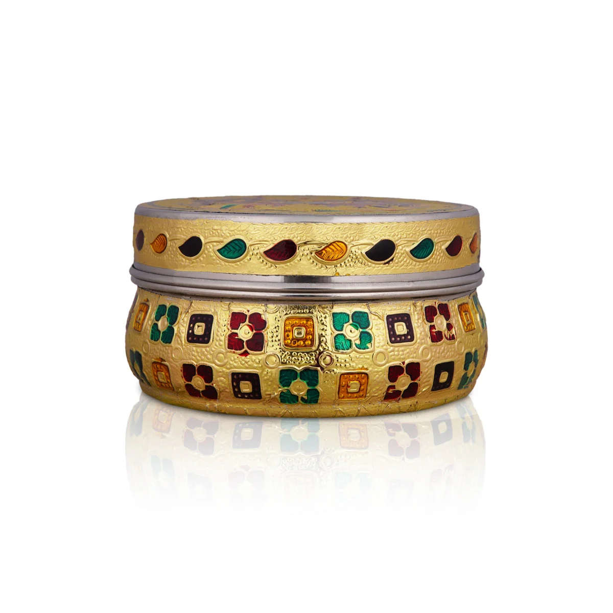 Pooja Box - 2.5 x 4 Inches | Stainless Steel Storage Box/ Gold Meenakari Design Jewellery Box for Pooja - Image 4