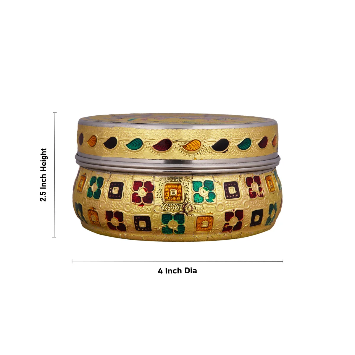 Pooja Box - 2.5 x 4 Inches | Stainless Steel Storage Box/ Gold Meenakari Design Jewellery Box for Pooja - Image 5