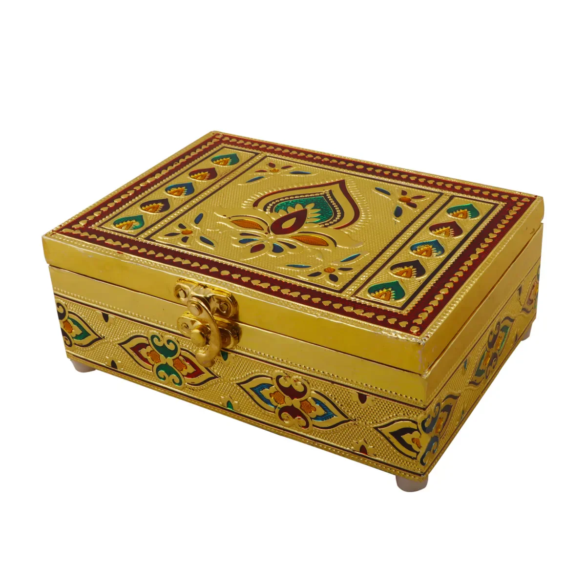 Pooja Box - 3.5 x 7 Inches | Wooden Storage Box/ Gold Meenakari Design Jewellery Box for - Image 4