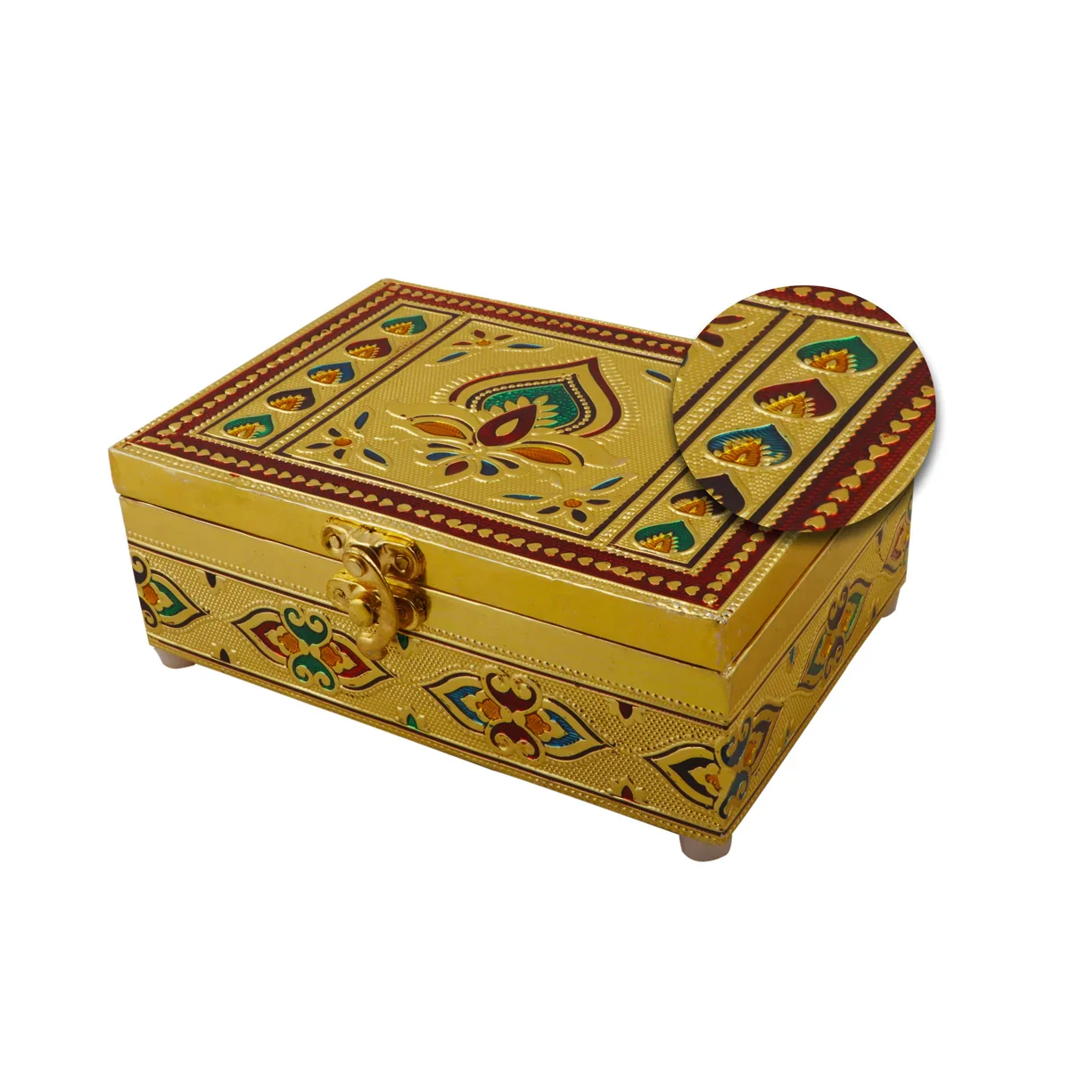 Pooja Box - 3.5 x 7 Inches | Wooden Storage Box/ Gold Meenakari Design Jewellery Box for - Image 6