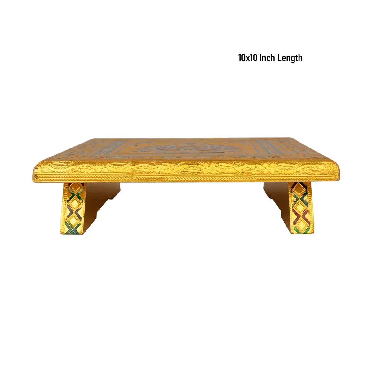 Pooja Chowki - 10 x 10 Inches | Wooden Bajot/ Gold Polish Manai Palagai/ Meenakari Design Patla for Home - Image 2
