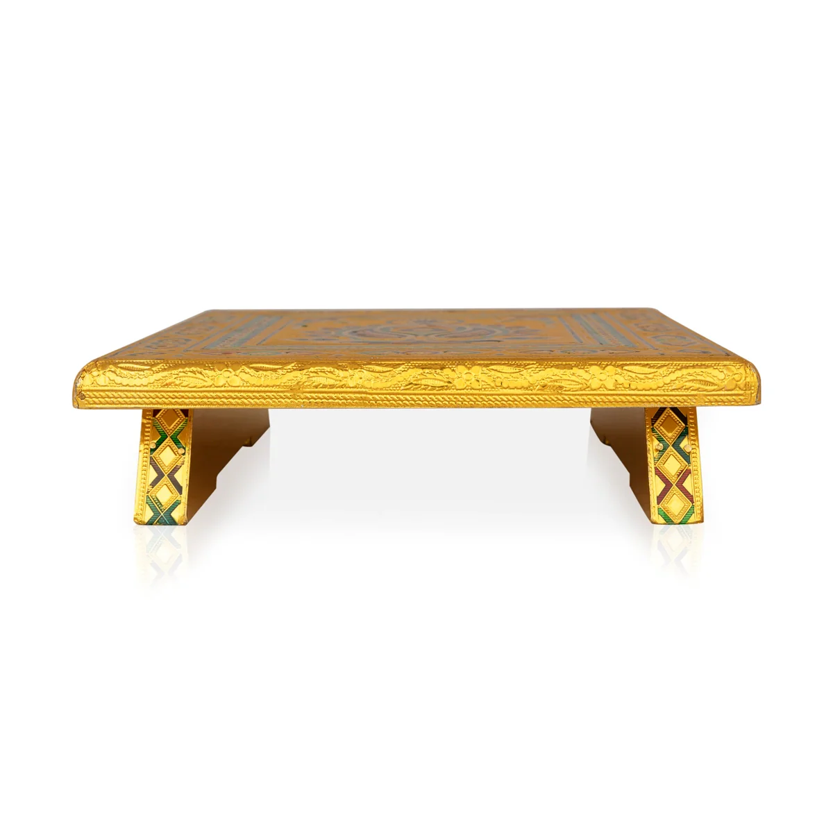 Pooja Chowki - 10 x 10 Inches | Wooden Bajot/ Gold Polish Manai Palagai/ Meenakari Design Patla for Home - Image 3