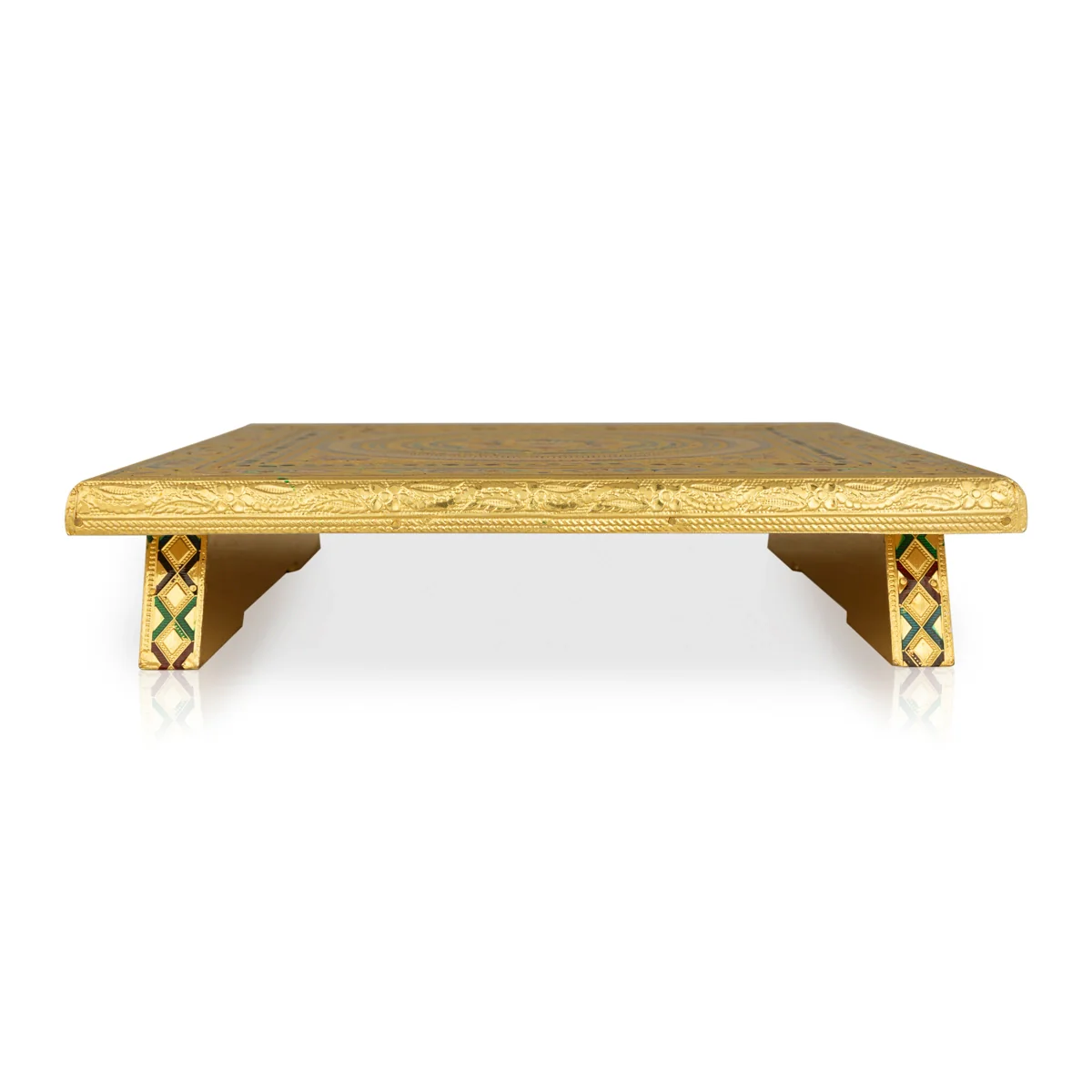 Pooja Chowki - 12 x 12 Inches | Wooden Bajot/ Gold Polish Manai Palagai/ Meenakari Design Patla for Home - Image 2