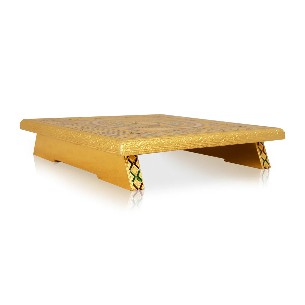 Pooja Chowki - 12 x 12 Inches | Wooden Bajot/ Gold Polish Manai Palagai/ Meenakari Design Patla for Home - Image 3