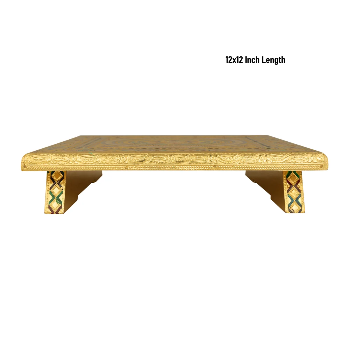 Pooja Chowki - 12 x 12 Inches | Wooden Bajot/ Gold Polish Manai Palagai/ Meenakari Design Patla for Home - Image 4