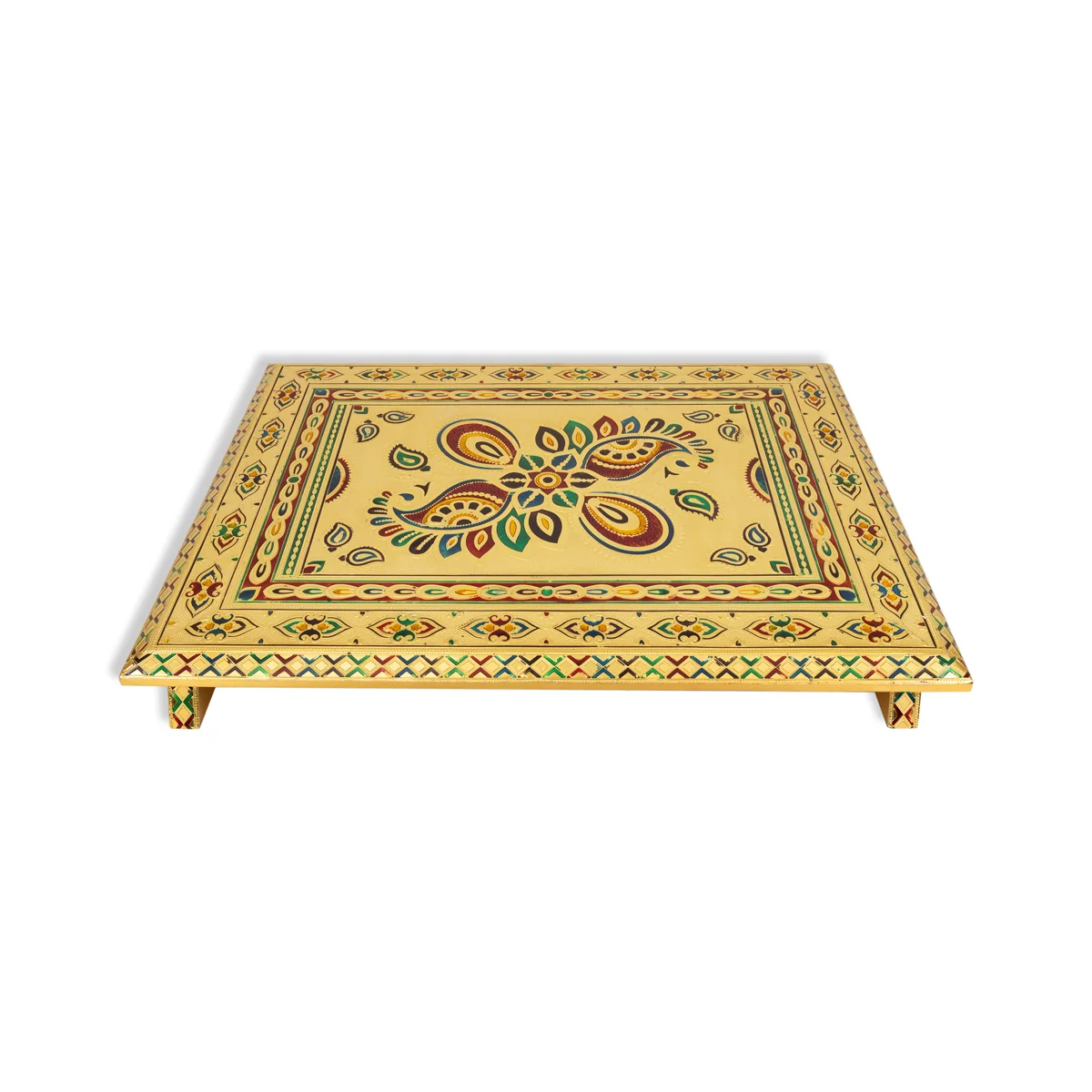 Pooja Chowki- 15 X 21 Inches | Gold Polish Bajot/ Wooden Manai Palagai/Meenakari Design Patla For Pooja Mandir - Image 2