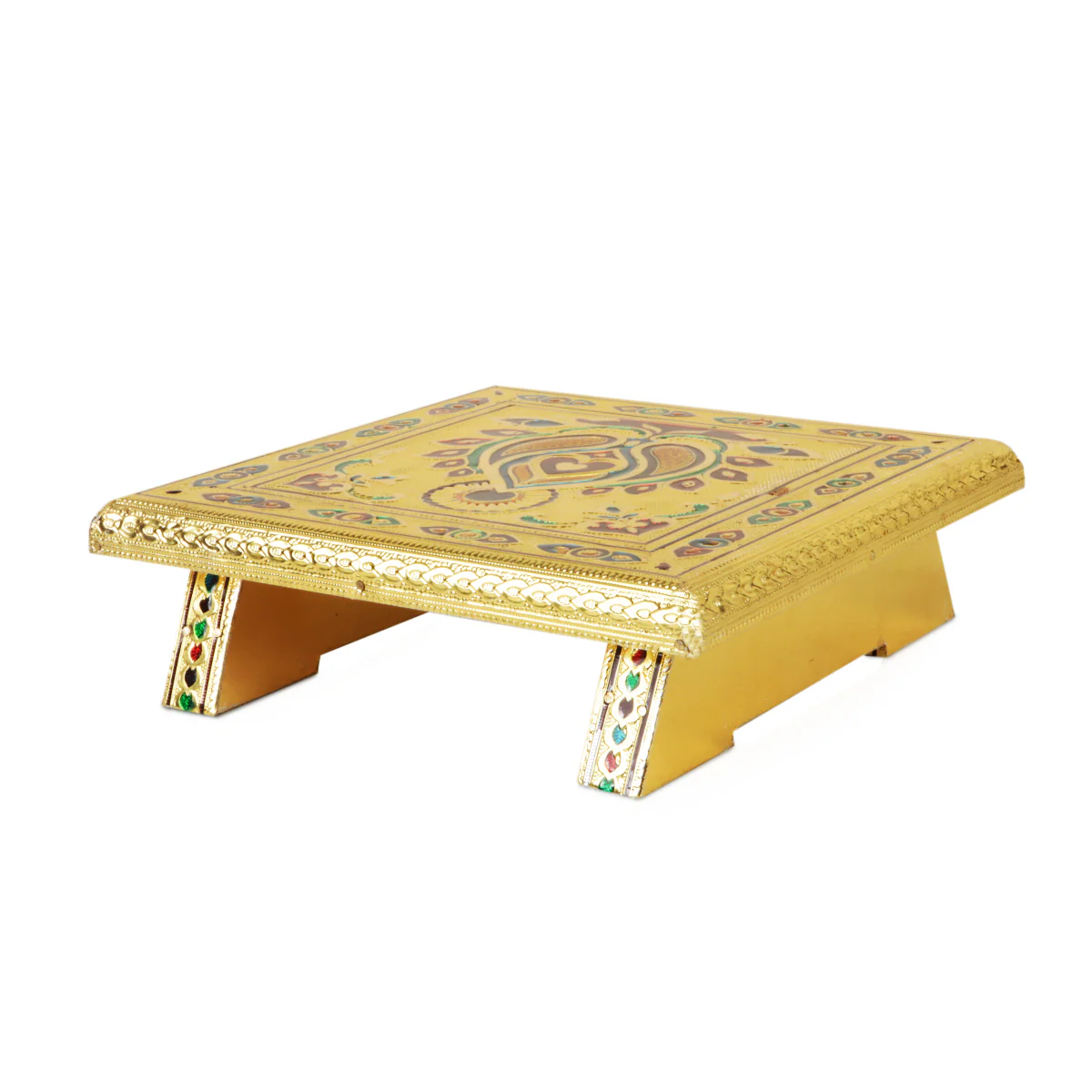 Pooja Chowki - 8 x 8 Inches | Gold Polish Bajot/ Wooden Manai Palagai/ Meenakari Design Patla for Home - Image 2