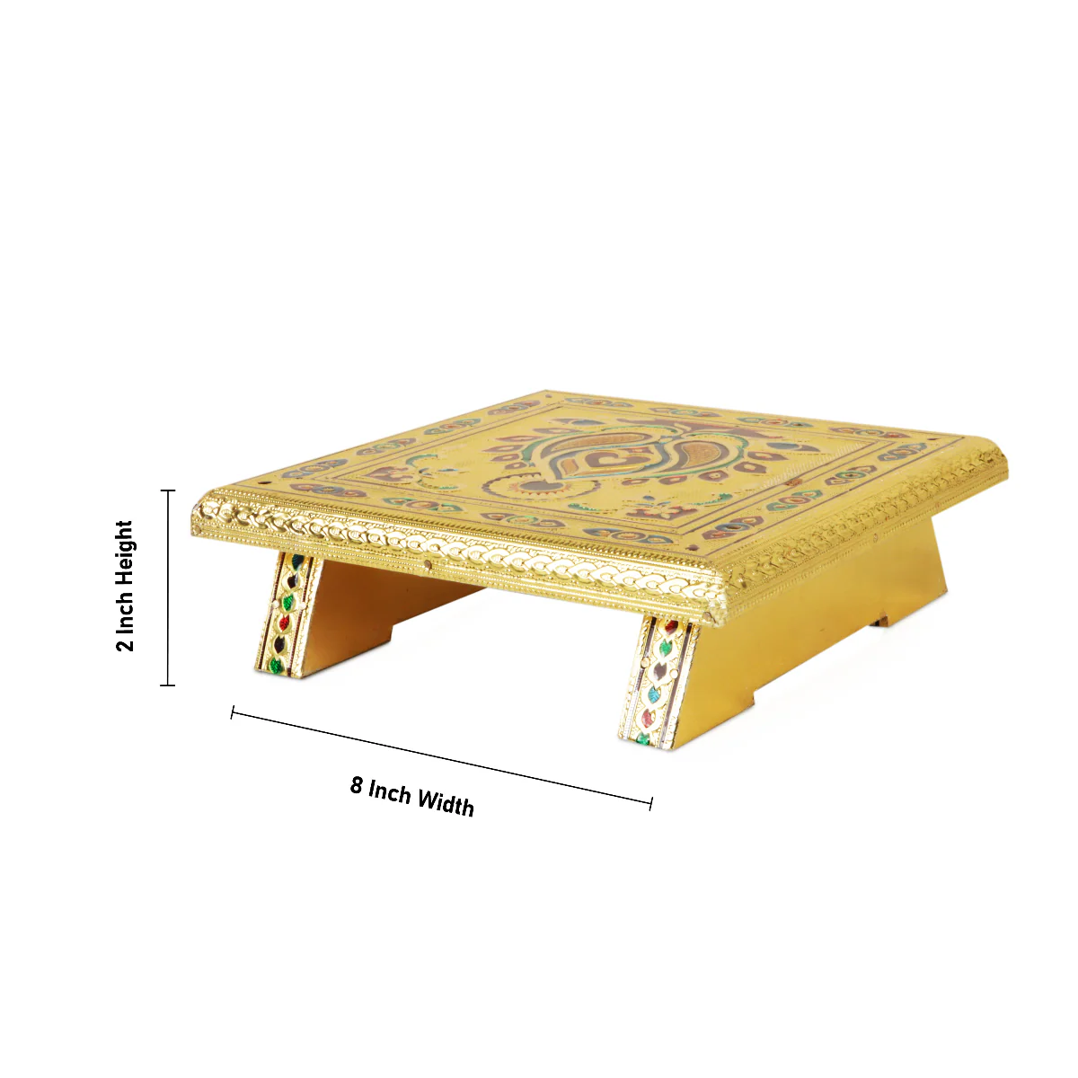 Pooja Chowki - 8 x 8 Inches | Gold Polish Bajot/ Wooden Manai Palagai/ Meenakari Design Patla for Home - Image 3