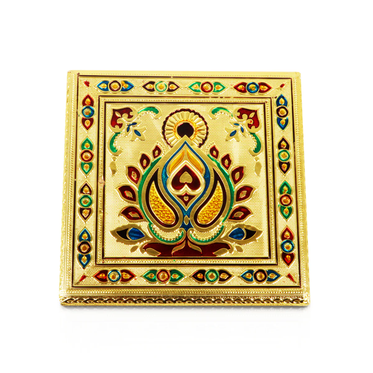 Pooja Chowki - 8 x 8 Inches | Gold Polish Bajot/ Wooden Manai Palagai/ Meenakari Design Patla for Home - Image 4