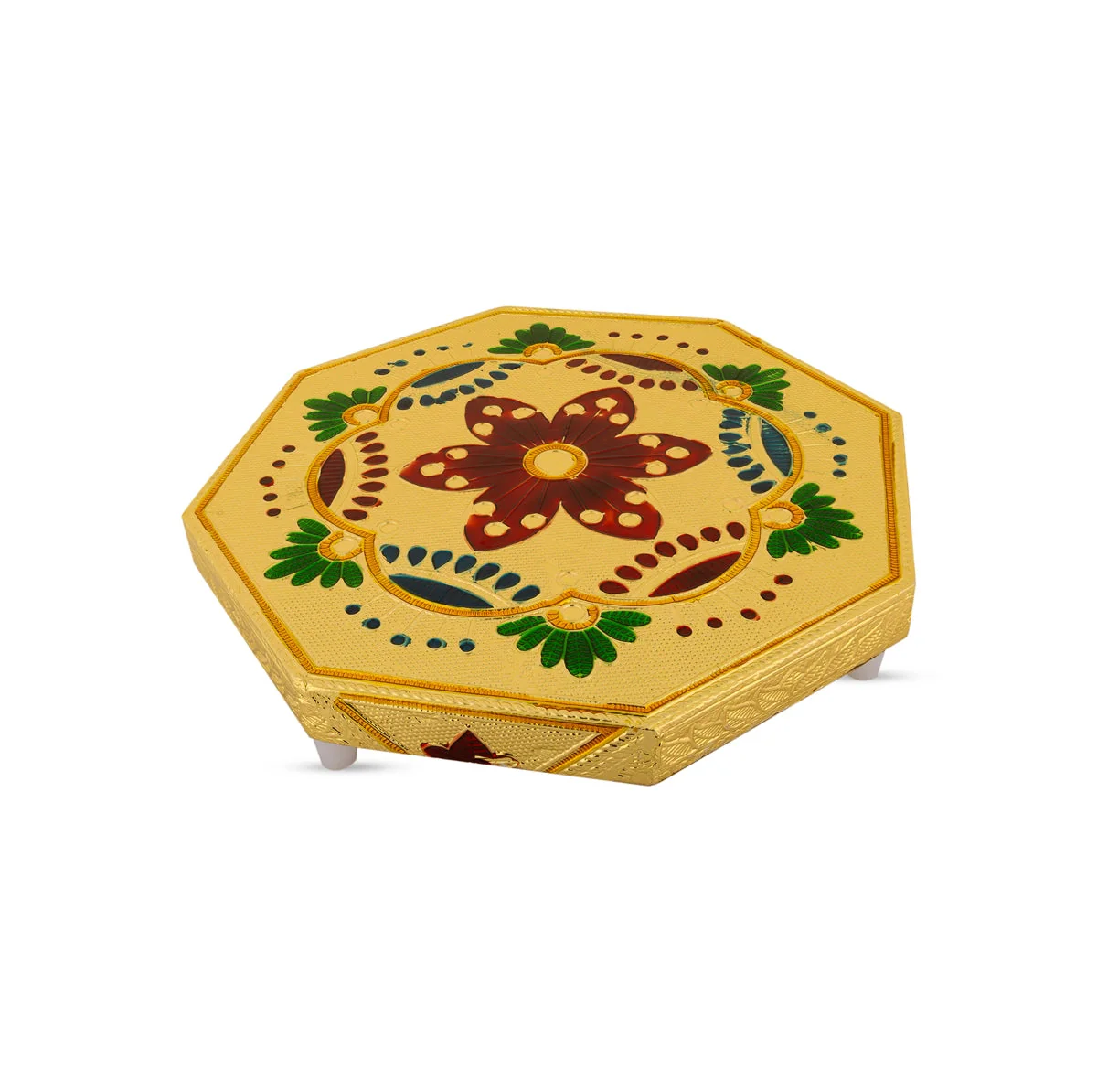 Pooja Chowki With Base - 1.25 X 8 X 8 Inches | Gold Polish Bajot/ Manai Palagai/ Flower Design Patla For Pooja - Image 2