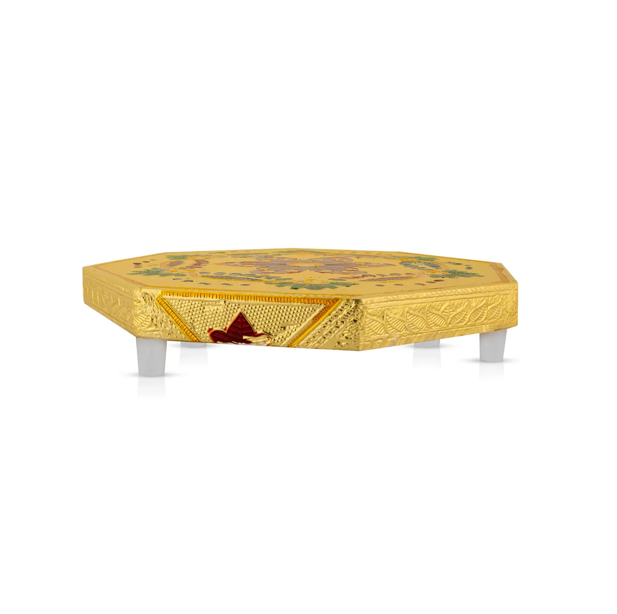 Pooja Chowki With Base - 1.25 X 8 X 8 Inches | Gold Polish Bajot/ Manai Palagai/ Flower Design Patla For Pooja - Image 3