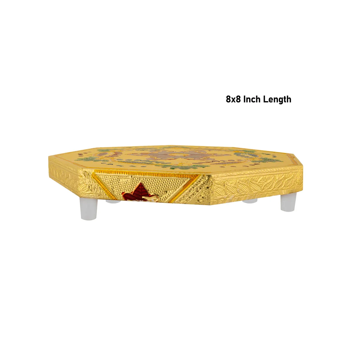 Pooja Chowki With Base - 1.25 X 8 X 8 Inches | Gold Polish Bajot/ Manai Palagai/ Flower Design Patla For Pooja - Image 4