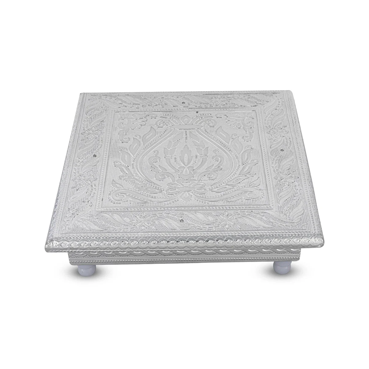 Pooja Chowki With Base - 2.25 x 8 x 8 Inches | Silver Polish Patla/ Wooden Bajot For Pooja & Deity Placement - Image 2